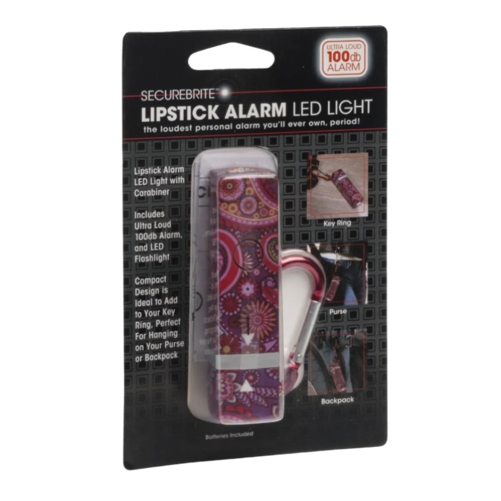 $13 SecureBrite Personal Safety LED Lipstick Alarm & Flashlight Pink Paisley New